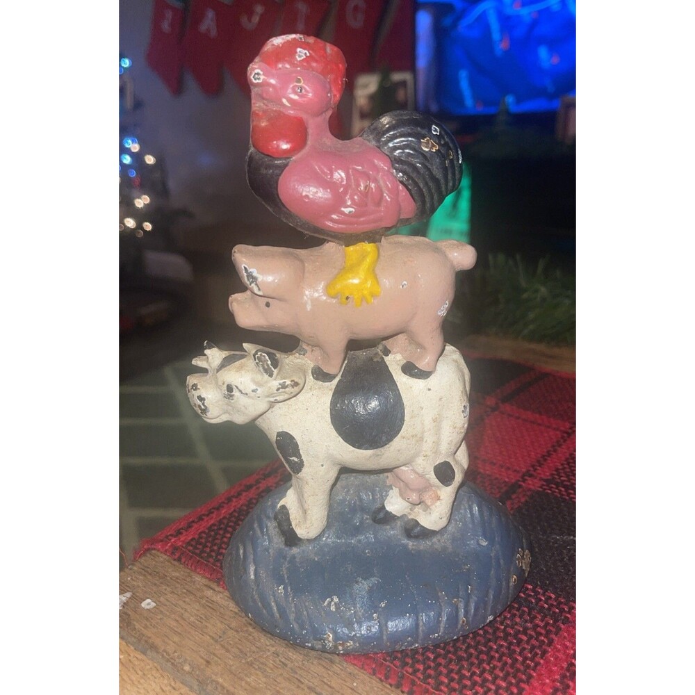Vintage Cast Iron Cow Pig Rooster Door Stop Farm Animal